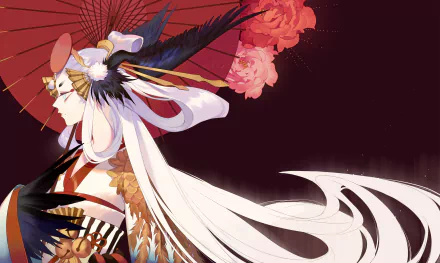 Anime-style Onmyoji character with flowing white hair and traditional attire, holding a red umbrella against a dark background. HD PC desktop wallpaper and background.
