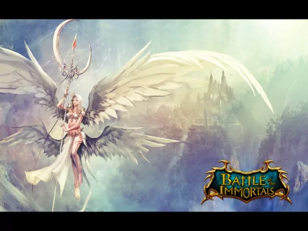 HD PC desktop wallpaper/background for the video game Battle Of The Immortals: angelic winged warrior floats above misty mountains and a distant castle.