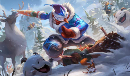 HD desktop wallpaper featuring Master Yi from League of Legends, depicted in a winter setting with snow and festive elements, in an engaging, animated style.