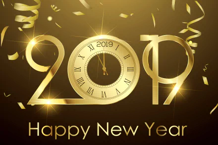 HD desktop wallpaper and background featuring a gold 2019 design with a clock in place of zero, confetti, and Happy New Year text celebrating the New Year 2019.