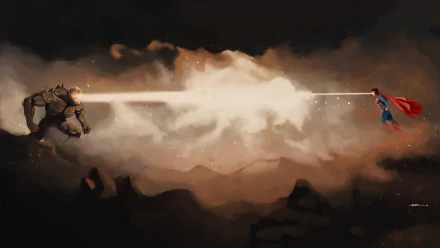 An 8K Ultra HD PC wallpaper featuring DC Comics' Doomsday and Superman clashing with powerful energy beams in an intense comic-style battle scene.