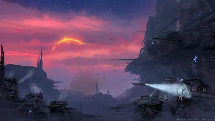 HD desktop wallpaper showcasing a futuristic sci-fi cityscape at sunset, with advanced structures and a glowing horizon under a dramatic sky.