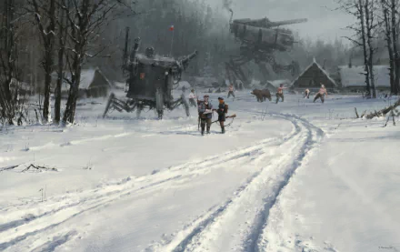 A futuristic, man-made machine shaped like a bear wields a scythe in a snowy forest clearing with people and cabins in the background.