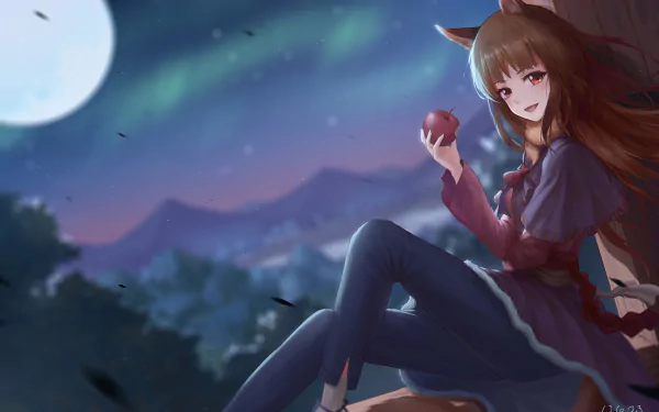 HD anime desktop wallpaper featuring Holo from Spice and Wolf holding an apple under a moonlit sky with mountains and trees in the background.