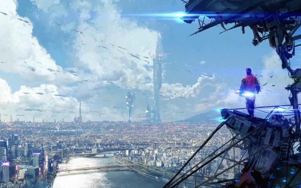 Futuristic cityscape with towering skyscrapers and a figure overlooking the sprawling urban scene, inspired by the movie Back To The Future Part II, HD desktop wallpaper.