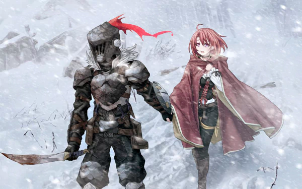 HD wallpaper of Cow Girl and a helmeted warrior from Goblin Slayer, wielding a sword and standing in the snow, featuring armor and vivid pink hair.