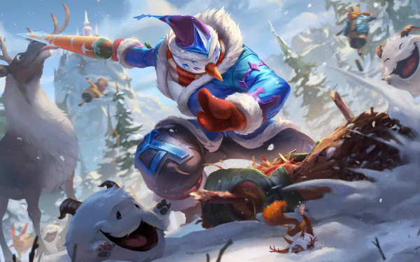 HD desktop wallpaper featuring Master Yi from League of Legends, depicted in a winter setting with snow and festive elements, in an engaging, animated style.