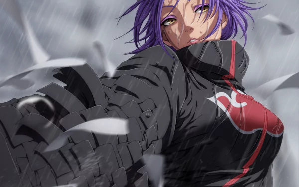 HD wallpaper featuring Konan from Naruto, wearing her Akatsuki cloak with purple hair blowing in the wind and paper pieces floating around her.