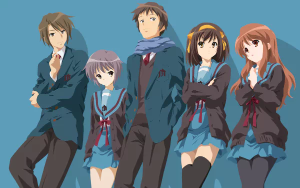 skirt school uniform short hair brown eyes brown hair Haruhi Suzumiya Yuki Nagato Kyon (Haruhi) Itsuki Koizumi Mikuru Asahina Anime The Melancholy of Haruhi Suzumiya HD Desktop Wallpaper | Background Image