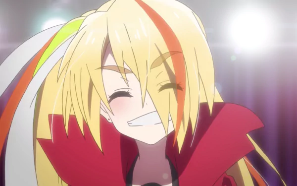 HD PC desktop wallpaper featuring Saki Nikaidou from the anime Zombie Land Saga, smiling brightly with colorful ribbons in her blonde hair.