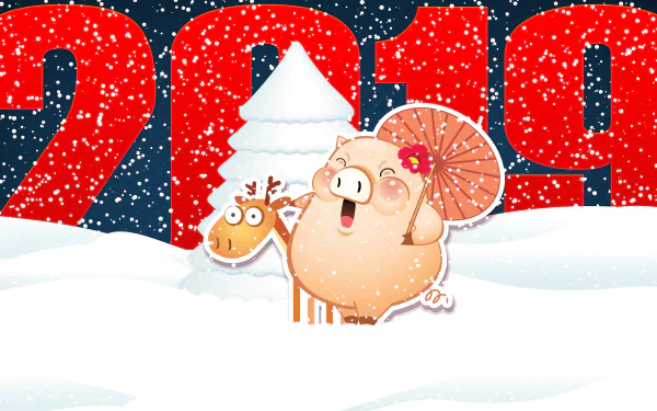 Cartoon pig with a small reindeer in a snowy holiday scene with falling snow and large red 2019 numerals - 8K Ultra HD PC desktop wallpaper/background