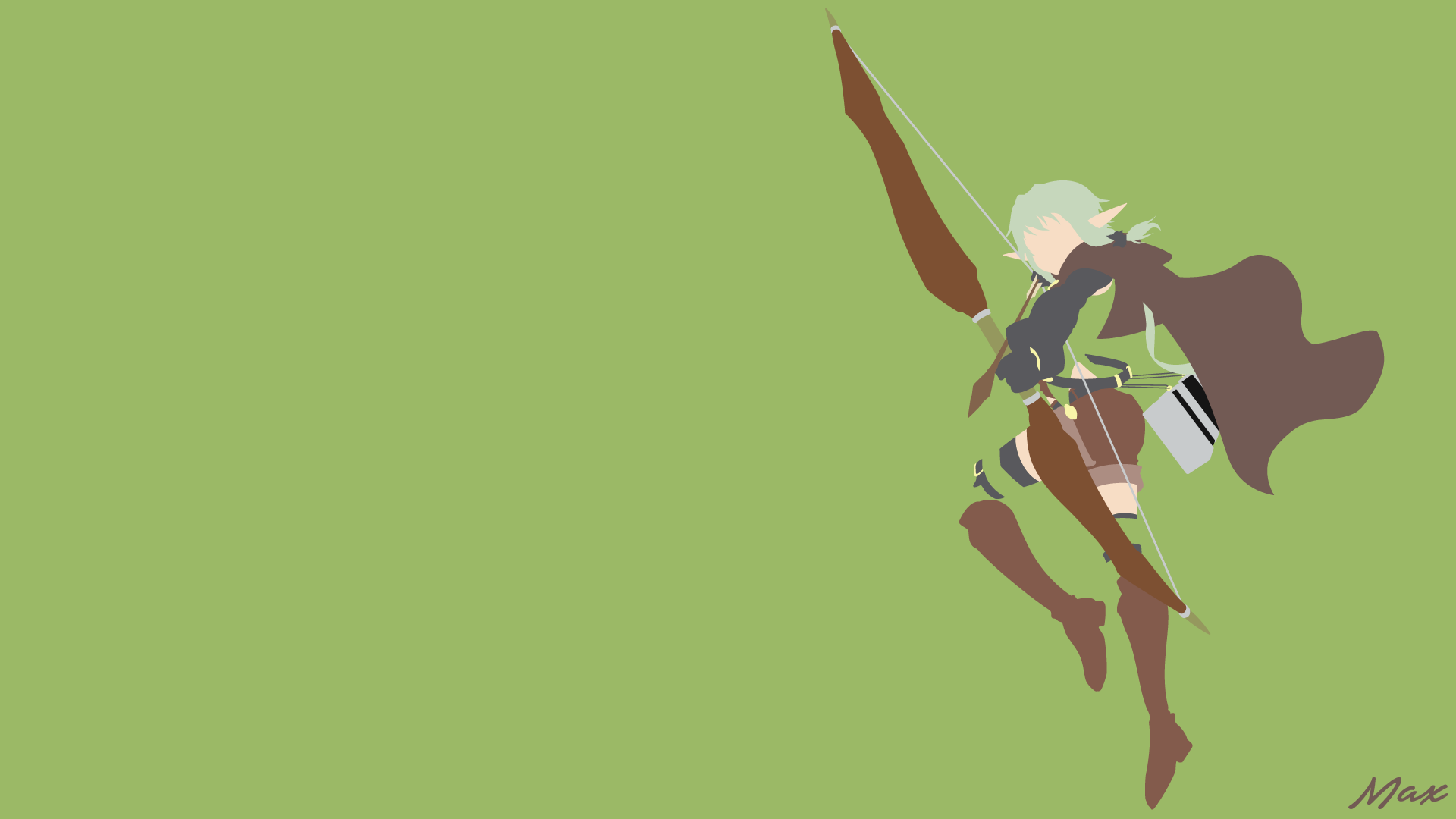 Minimalist HD anime desktop wallpaper featuring a green-haired high elf archer with pointed ears, boots, cape, and bow, inspired by Goblin Slayer and Arrow TV show.