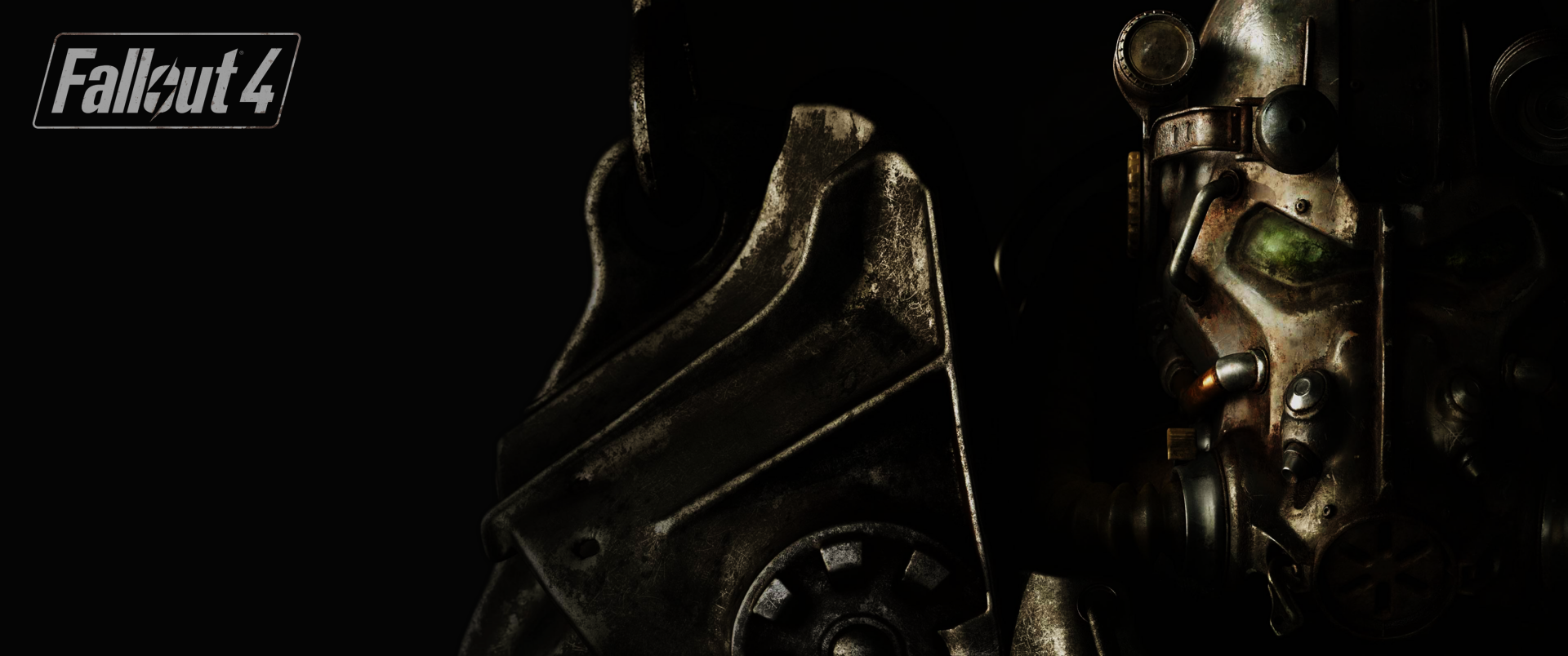 HD PC desktop wallpaper featuring a close-up of power armor from the video game Fallout 4 against a dark background.