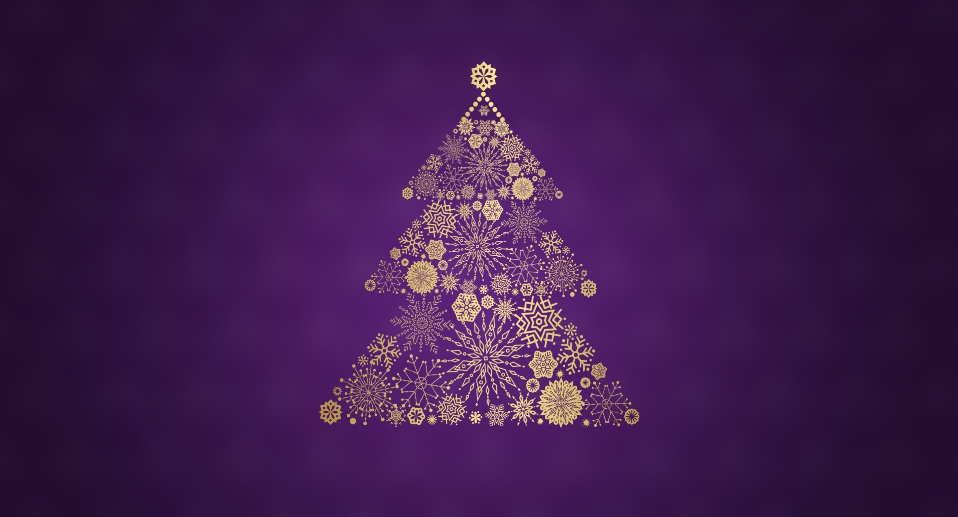 Gold snowflake ornaments form a stylized Christmas tree on a rich purple background — 4K Ultra HD PC desktop holiday wallpaper/background.
