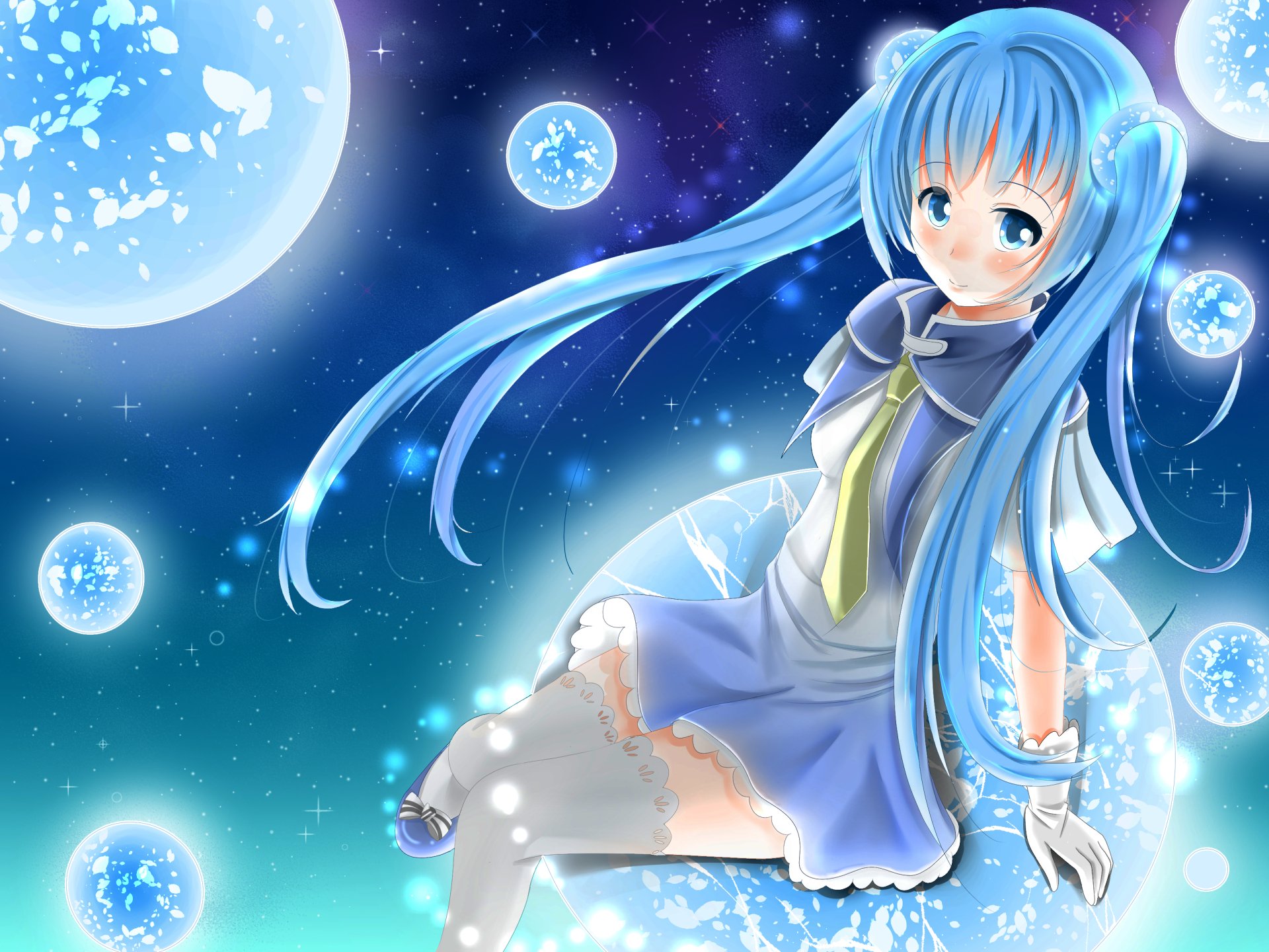 HD PC desktop wallpaper featuring Hatsune Miku from Vocaloid in an anime style, surrounded by glowing orbs against a starry night sky backdrop.