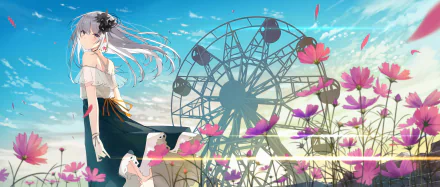 Anime artwork featuring a character with long grey hair standing amidst flowers with a Ferris wheel in the background. The sky is clear, creating a serene and vibrant HD desktop wallpaper.