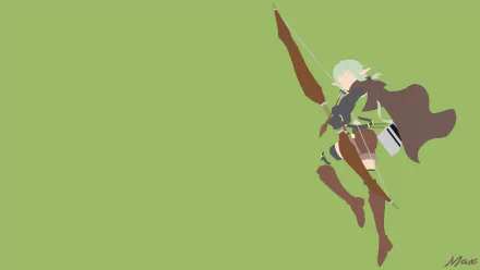 Minimalist HD anime desktop wallpaper featuring a green-haired high elf archer with pointed ears, boots, cape, and bow, inspired by Goblin Slayer and Arrow TV show.