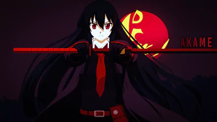 HD anime desktop wallpaper featuring Akame from Akame Ga Kill!, holding her sword with a red moon in the background and a dark, intense atmosphere.