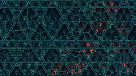 HD desktop wallpaper featuring an abstract fractal design with intricate triangular patterns and a mix of dark teal and red hues.
