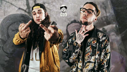 HD wallpaper featuring two individuals gesturing with their hands, with a graffitied skull logo in the background.