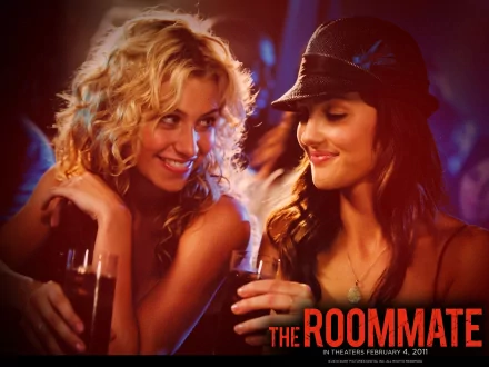 A vibrant HD desktop wallpaper featuring Aly Michalka and Minka Kelly in a scene from the movie The Roommate, capturing a lively moment between the two characters.
