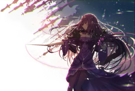 HD desktop wallpaper featuring Scáthach-Skaði from Fate/Grand Order, depicted with dynamic purple motifs and a mystical backdrop.