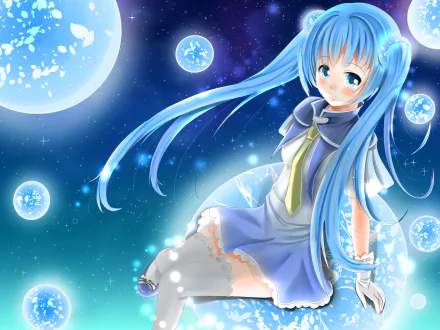 HD PC desktop wallpaper featuring Hatsune Miku from Vocaloid in an anime style, surrounded by glowing orbs against a starry night sky backdrop.