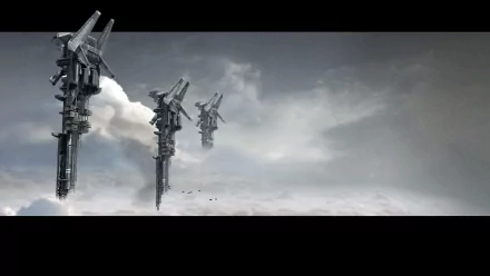 HD wallpaper featuring a sci-fi scene from Killzone with three futuristic spaceships flying through a cloudy sky.
