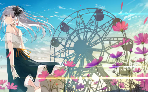 Anime artwork featuring a character with long grey hair standing amidst flowers with a Ferris wheel in the background. The sky is clear, creating a serene and vibrant HD desktop wallpaper.