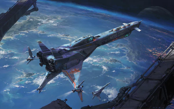 A sleek spaceship glides through space above Earth, showcasing a vibrant sci-fi landscape. This stunning image serves as an 8K Ultra HD desktop wallpaper.