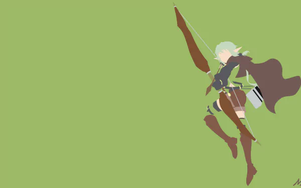 Minimalist HD anime desktop wallpaper featuring a green-haired high elf archer with pointed ears, boots, cape, and bow, inspired by Goblin Slayer and Arrow TV show.