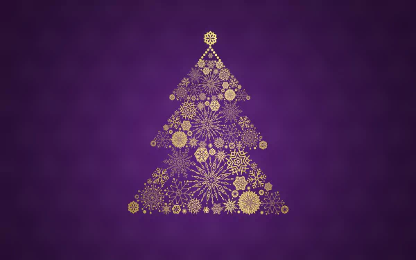 Gold snowflake ornaments form a stylized Christmas tree on a rich purple background — 4K Ultra HD PC desktop holiday wallpaper/background.