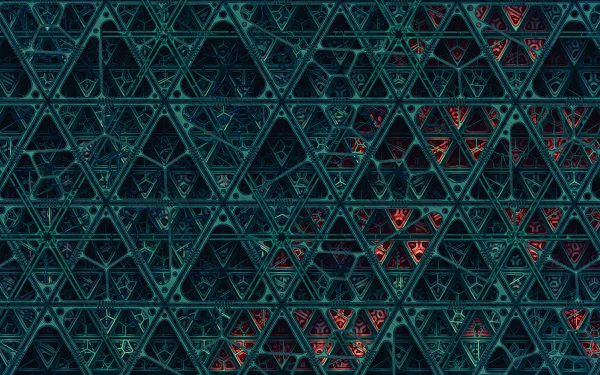 HD desktop wallpaper featuring an abstract fractal design with intricate triangular patterns and a mix of dark teal and red hues.