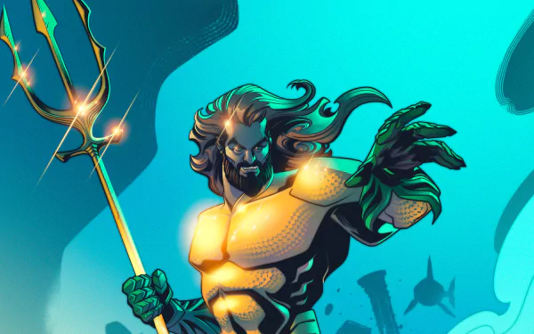 4K Ultra HD PC desktop wallpaper featuring Aquaman from DC Comics, showcasing the hero wielding his trident against an underwater backdrop.