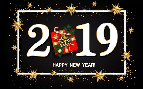 2019 Happy New Year 4K Ultra HD desktop wallpaper featuring a festive gift wrapped with a bow, surrounded by golden stars and holiday sparkles.
