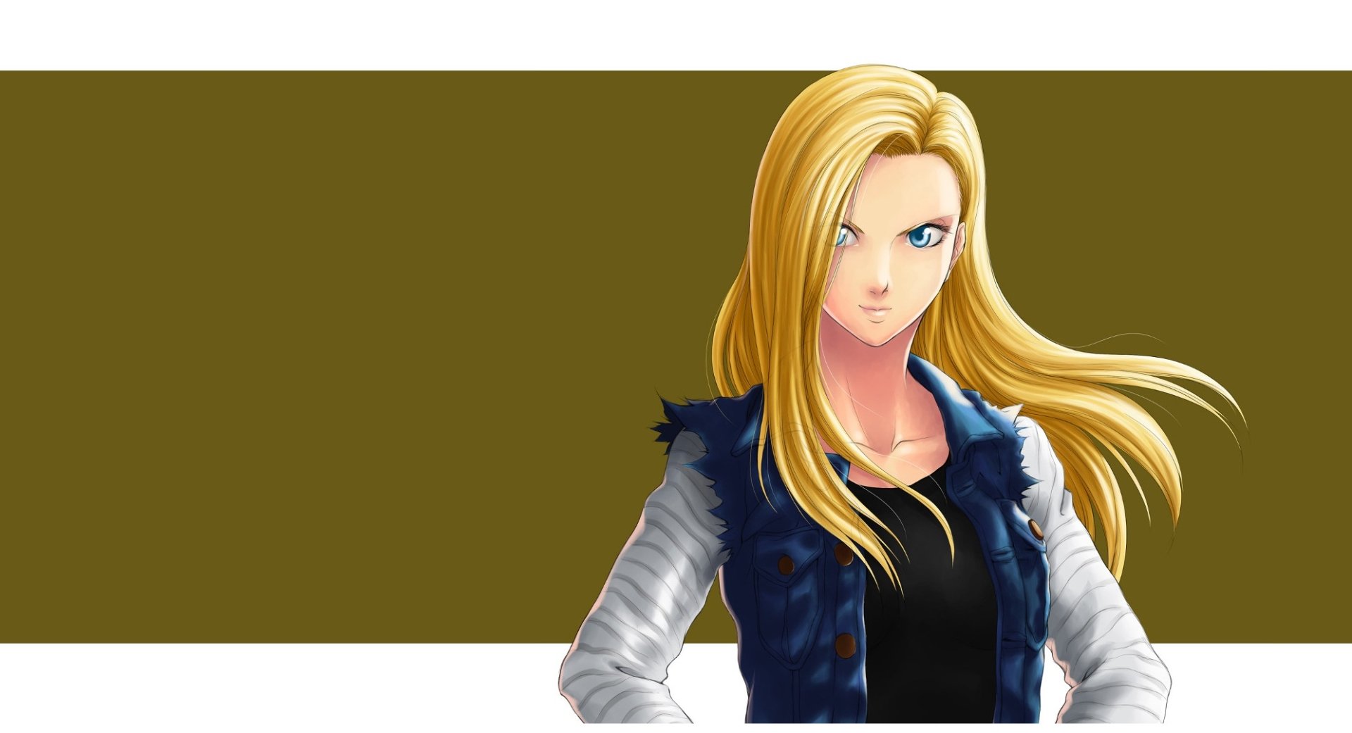 Android 18 (Dragon Ball Z) anime portrait — long blonde hair, blue vest and black top — set against an olive-green HD PC desktop wallpaper background.