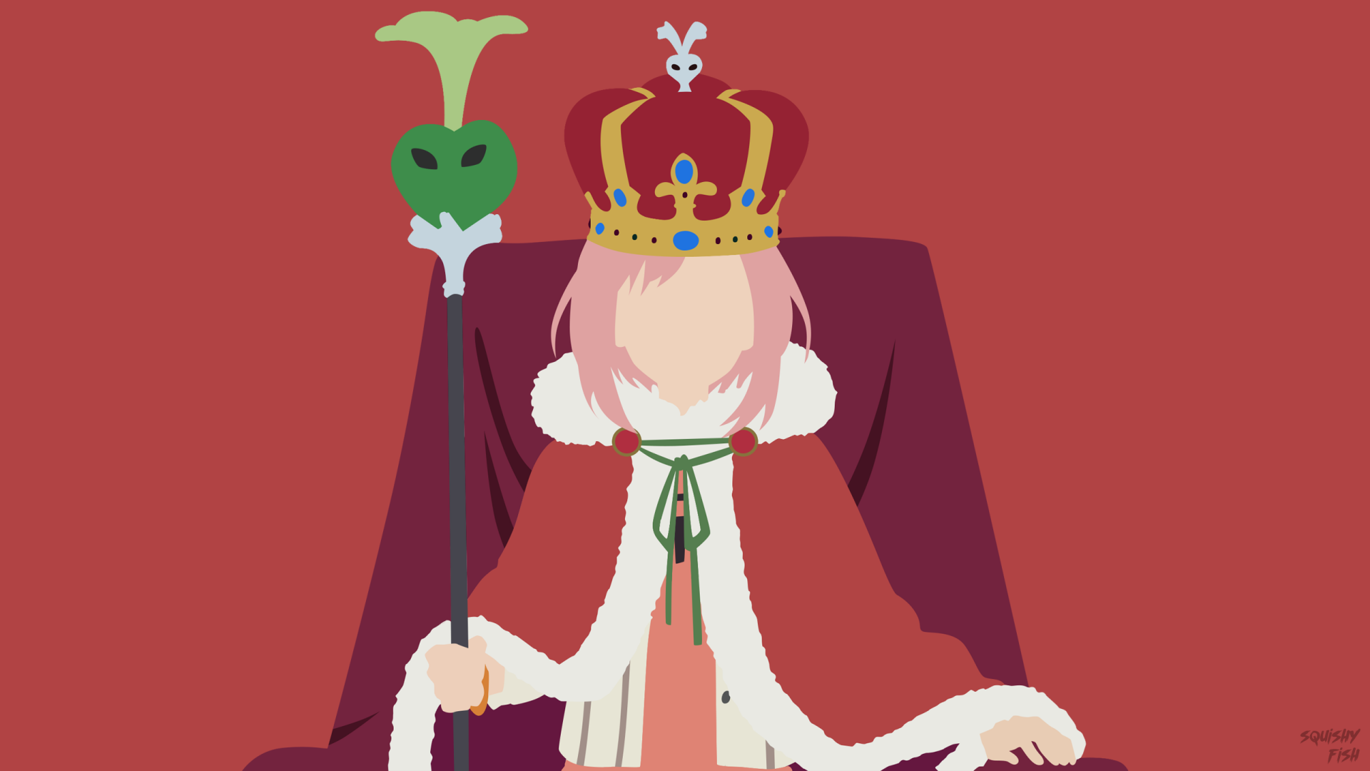 HD desktop wallpaper featuring Yoshino Koharu from the anime Sakura Quest, depicted wearing a crown and royal cloak against a deep red background.