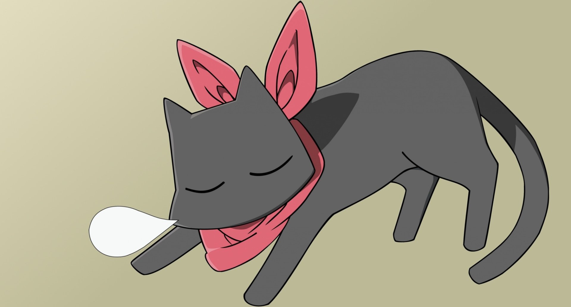 HD PC desktop wallpaper — Nichijō anime: sleeping black cat with pink scarf and bow, eyes closed, gently blowing a bubble on a soft beige background.