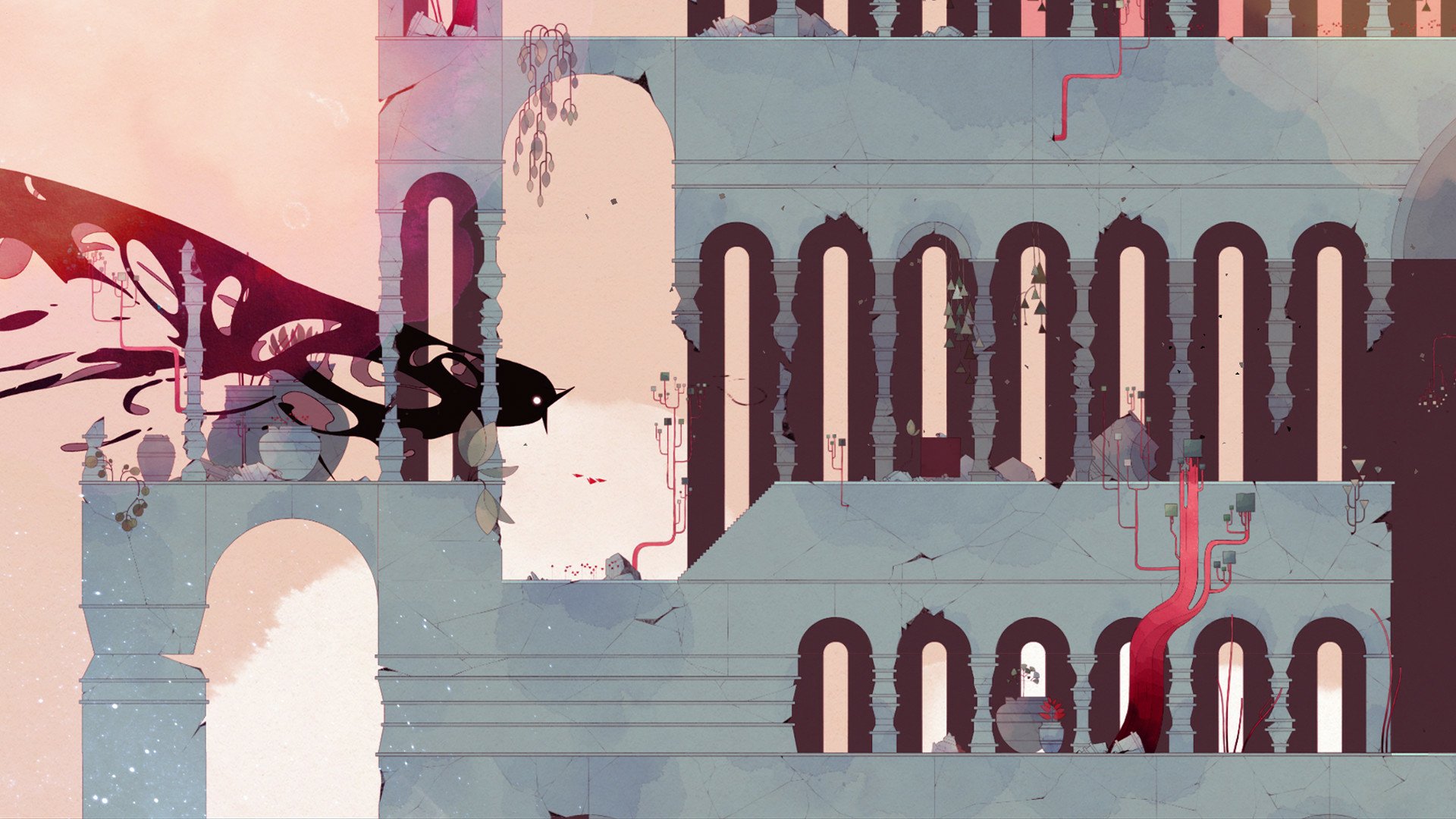 HD desktop wallpaper featuring abstract art from the game Gris, with whimsical architecture and a muted color palette.