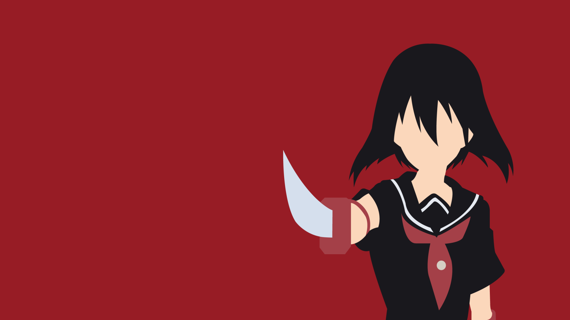 Minimalist Kurome (Akame ga Kill!) silhouette in a school uniform, blade raised against a deep red background — 2K Quad HD PC desktop wallpaper.