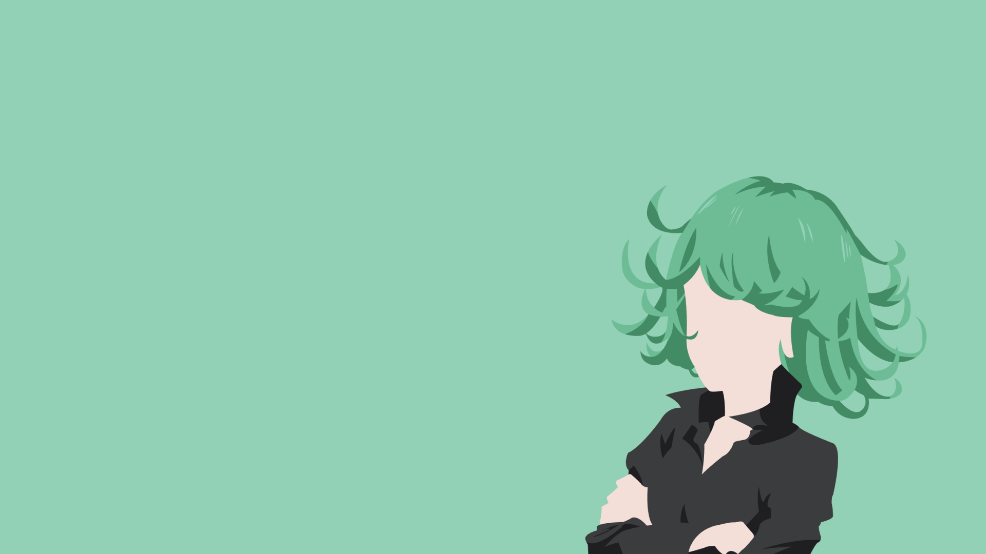Minimalist HD anime desktop wallpaper featuring Tatsumaki from One-Punch Man with short green hair against a solid green background.