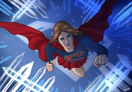 HD PC desktop wallpaper featuring Supergirl from DC Comics flying dynamically through a glowing blue, abstract background.