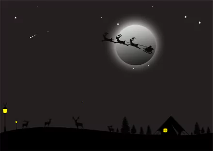 Silhouetted reindeer pulling Santa’s sleigh across a moonlit night sky over a snowy landscape, captured in 4K Ultra HD Christmas holiday wallpaper.