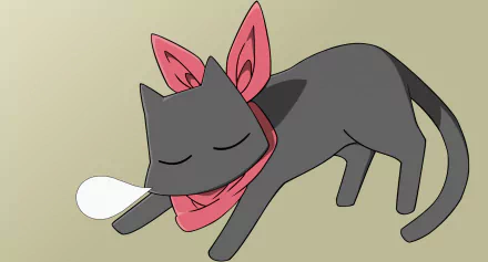 HD PC desktop wallpaper — Nichijō anime: sleeping black cat with pink scarf and bow, eyes closed, gently blowing a bubble on a soft beige background.