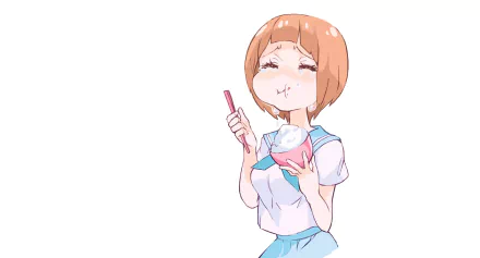 HD anime desktop wallpaper featuring Mako Mankanshoku from Kill La Kill, smiling with eyes closed while eating a snack, set against a white background.