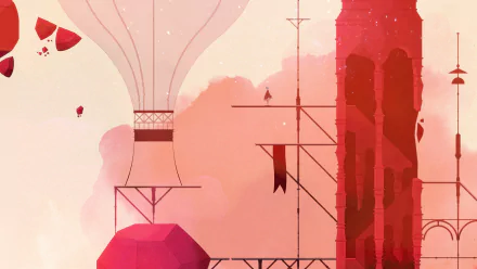 HD desktop wallpaper featuring a red and pink toned abstract landscape with geometric shapes and hot air balloons. Tagged with: Gris.