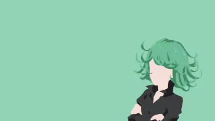 Minimalist HD anime desktop wallpaper featuring Tatsumaki from One-Punch Man with short green hair against a solid green background.