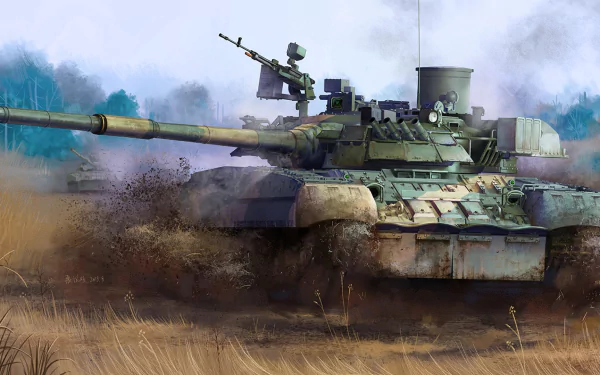 HD PC desktop wallpaper showing a T-80 military tank advancing through dusty grassland, camouflaged hull, mounted machine gun and trailing smoke against a cloudy sky.