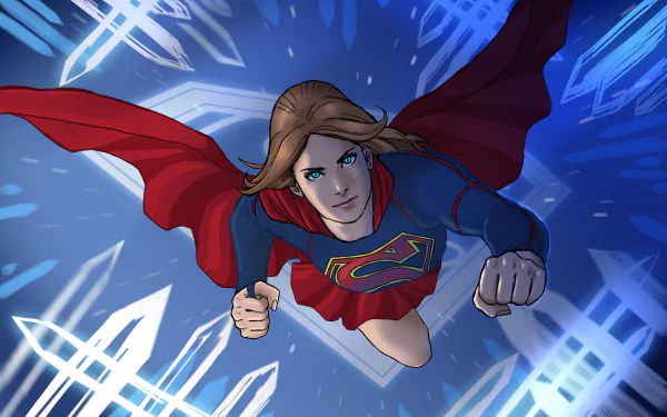 HD PC desktop wallpaper featuring Supergirl from DC Comics flying dynamically through a glowing blue, abstract background.