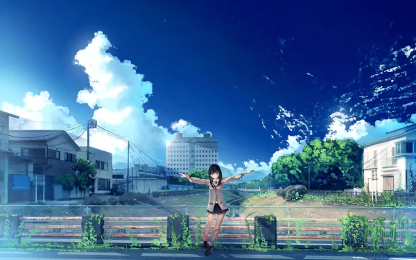HD anime desktop wallpaper featuring Rikka Takarada from SSSS.Gridman standing in a vibrant urban landscape under a bright blue sky with fluffy clouds.